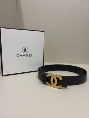 Chanel Black Leather CC Gold Buckle Belt